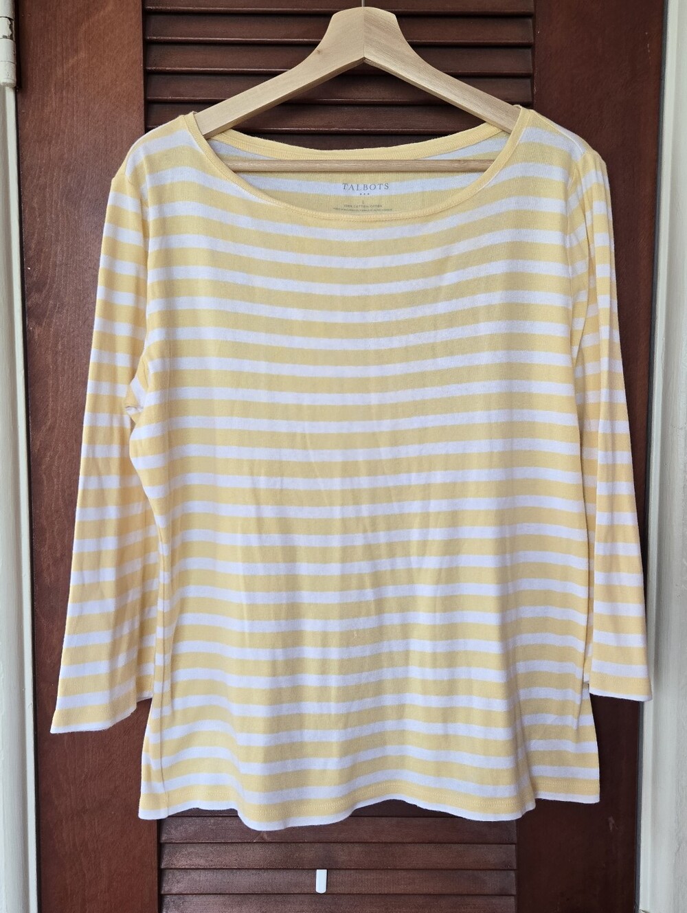 Talbots White And Yellow Striped 3/4 Sleeve Thin Knit T-shirt L